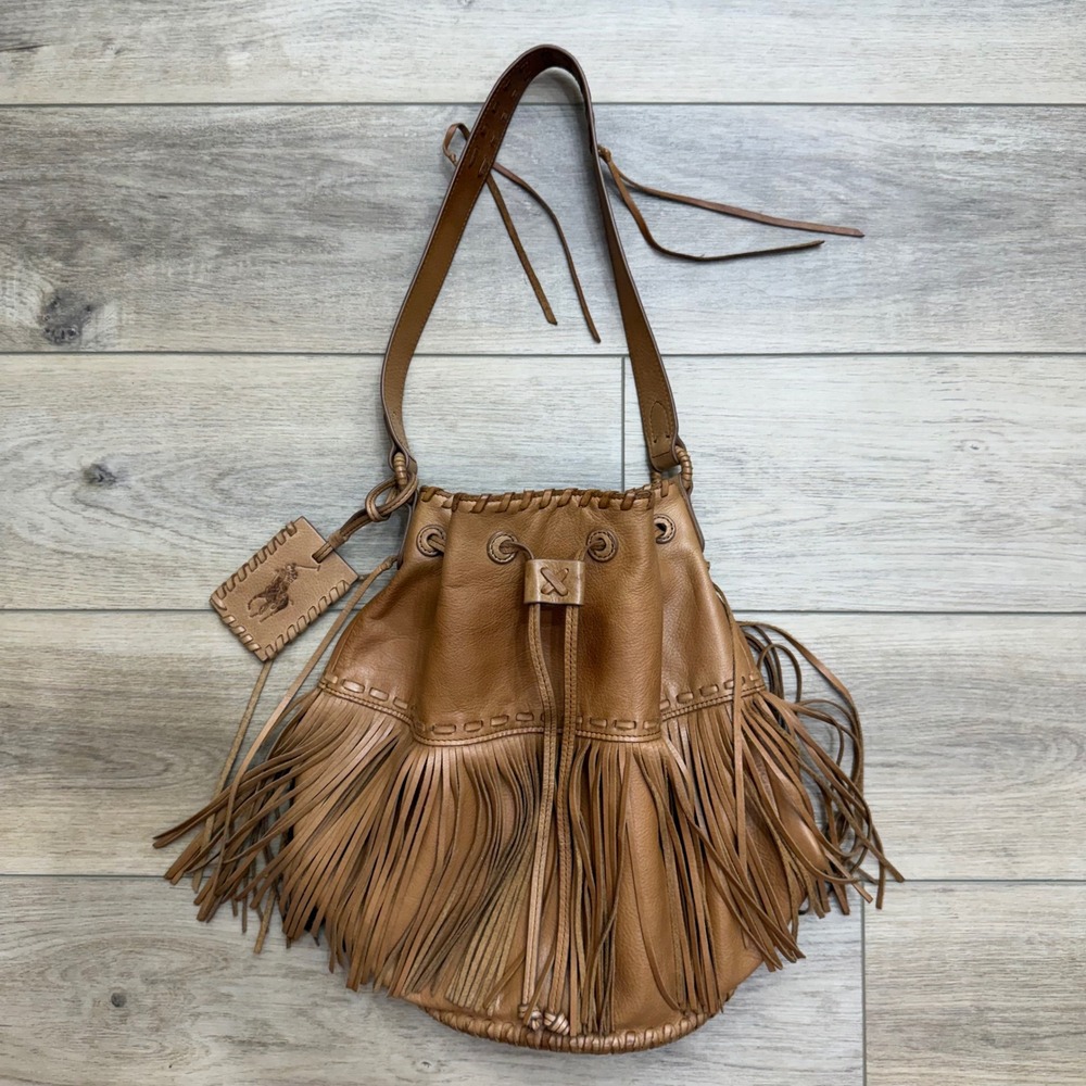 Vintage Rare Polo Ralph Lauren Leather Fringe Bucket Bag Purse Western Boho - Picture 9 of 12